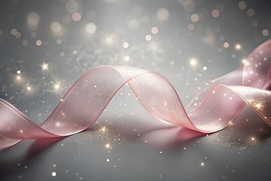 A pink ribbon sparkles against a gray background with glitter