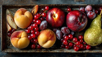 Flat lay of fruit harvest on old baking tray: nectarines, currants, and pear slices