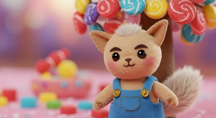 Adorable Felt Cat Toy in Colorful Candy Land Setting

