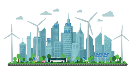 Fototapeta premium Sustainable urban future concept vector illustration: green energy cityscape with wind turbines and solar panels for eco-friendly design