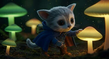 Adorable Cat Character in Enchanted Forest with Glowing Mushrooms

