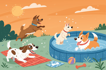 Vector illustration of a fun dog pool party. Shiba Inu, Labrador, Poodle, Bulldog, Corgi swim, play.