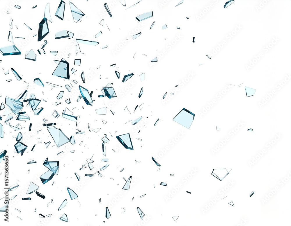 Fototapete shattered glass pieces floating against a clean white background illustrating fragility destruction 