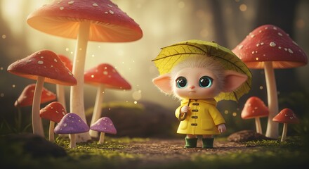 Whimsical Forest Scene with Cute Creature Holding Leaf Umbrella

