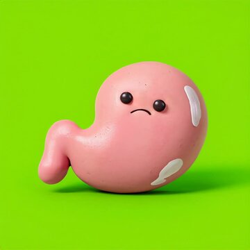 Video about a stomach organ suffering from stomach ulcer and inflammation, ill, start with a smiling fave ends with a hurting screaming and and unhappy face grimace, over a green background