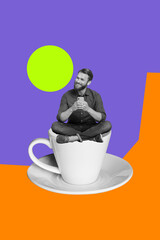 Creative image vertical photo collage of happy girl guy stand coffee cup drink herbal tea beverage...