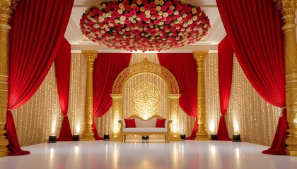 Regal Indian wedding stage with intricate gold jharokhas, silk red curtains, and floral ceiling hangings