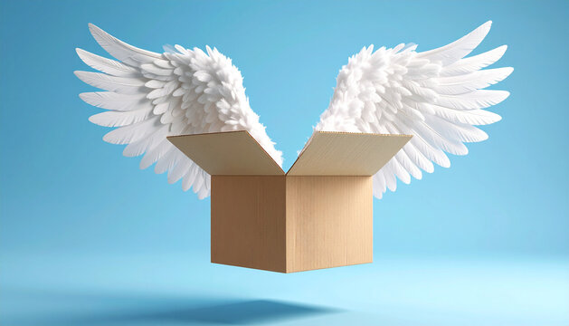 A cardboard box with white angel wings, floating in the air, suggesting freedom and possibility.