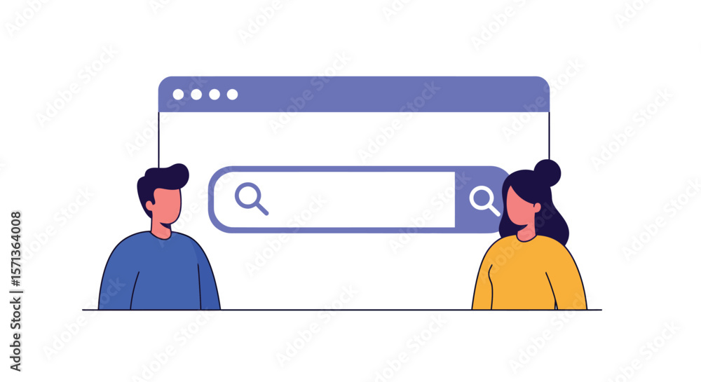 Aufkleber minimalist search bar interface with two people in flat vector illustration for web design