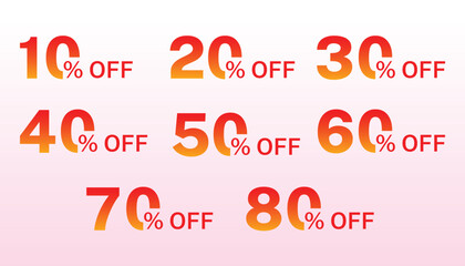 Discount labels set from 10% to 80% off with a gradient red-orange color, perfect for e-commerce sales, promotional banners, and marketing campaigns