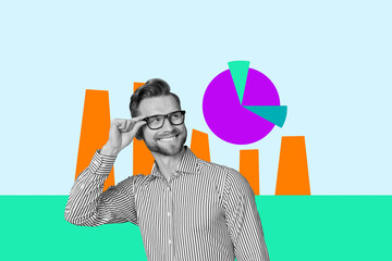 Sketch pop 3d zine full collage of happy businessman businesswoman stand diagram segment progress development chart icon aim