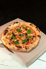 Neapolitan Style Wood-Fired Pizza with Grilled Chicken, Corn and Bell Peppers. Ideal for restaurant menus, food packaging and culinary blog visuals.