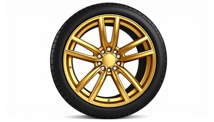 Obraz premium Gold Alloy Wheel with Black Tire on White Background