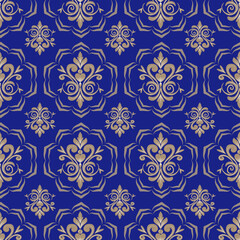 Damask seamless pattern with brown floral element and blue background, vintage, luxury, vector illustration elegant for textile, wall paper, bedding, curtains, cushion cover, rug, upholstery fabric