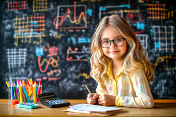 Gifted young girl in glasses prepares for a mathematics competition, solving advanced problems with charts, graphs on blackboard. Concept of academic excellence, competitive problem-solving in math