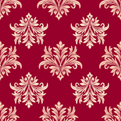 Damask seamless pattern with gold flowers and red background, vintage, luxury, vector illustration elegant for textile, cushion cover, rug, curtains, wall paper, upholstery fabric, scarf, Baroque 