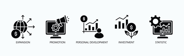 Progress And Potential Icon Set Isolated Vector With Icon Of Expansion, Promotion, Personal Development, Investment, Statistic In Glyph Style