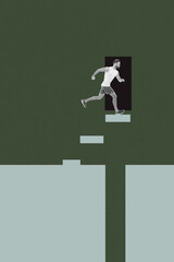 3D collage trend artwork composite sketch poster of young guy sportsman run up ladder door exit finish route to target and solution