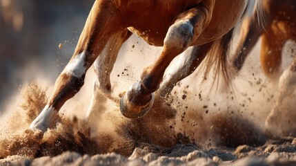Obraz premium Close-up of a horse's legs galloping through dirt, kicking up dust and debris in a dynamic and powerful motion.