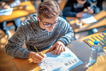 Man young student in glasses focused on taking an exam for admission to a STEM program, other students in class on background. Concept of academic evaluation, test for STEM education and career paths