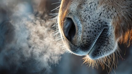 Close-up of a horse's nostrils exhaling visible breath in cold air, highlighting the texture of its fur and whiskers.