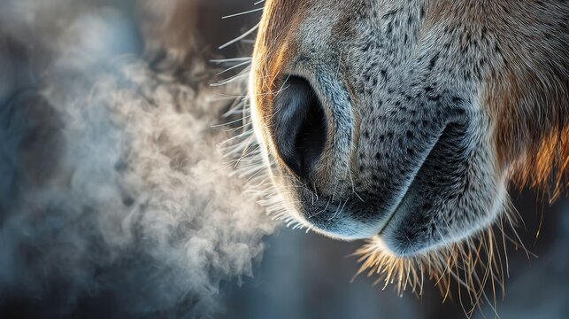 Close-up of a horse's nostrils exhaling visible breath in cold air, highlighting the texture of its fur and whiskers.