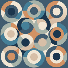 Abstract geometric circles arranged in a seamless pattern featuring retro color palettes for versatile design applications.