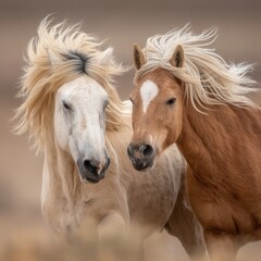 Two horses with flowing manes stand close together, one white and one chestnut, against a soft, blurred background.