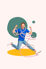 Collage of funny person navigating tangled lines symbolizing confusion challenge complexity...