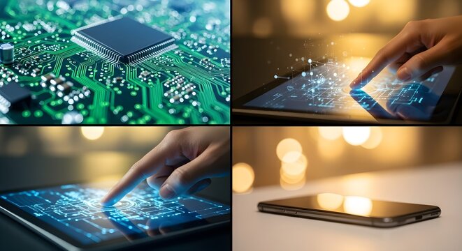 Modern technology collage with a circuit board, a finger touching a glowing digital interface on a tablet, and a smartphone. Perfect for concepts of innovation, business, and future tech.