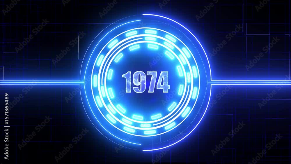 Poster 1974 text with screen effects of technological failures. concept of counting years. past year techno