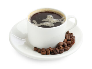 Aromatic coffee in cup and beans isolated on white