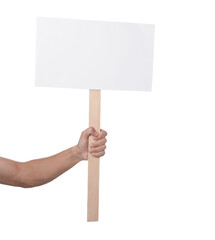 Man holding blank sign on white background, closeup. Mockup for design