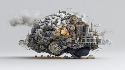 Abstract brain render surrounded by gears and cityscape elements