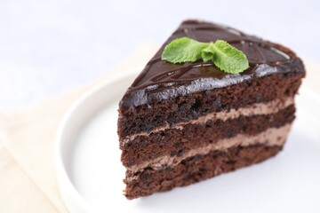 Piece of delicious chocolate cake with mint on light table, closeup