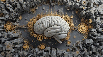 Abstract brain render surrounded by gears and cityscape elements