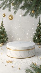 Elegant Marble Christmas Product Display: Festive Gold & White Theme, Sparkling Lights, Snowy Base, Two Decorated Trees.