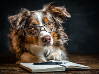 Australian Shepherd Wearing Glasses With Notebook And Pen Looking Like Thoughtful Canine Therapist. Philosophical Dog