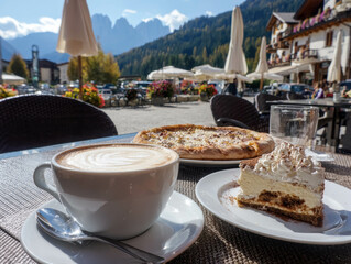 Italian Café Table Showing Cappuccino Cheese Pizza And Creamy Tiramisu Dessert With Majestic Dolomites Panorama. Dolomites Café Treat