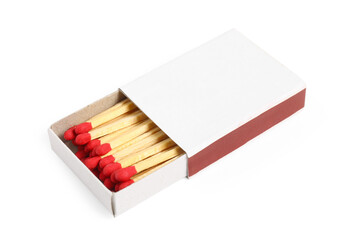 Matches in box isolated on white. Mockup for design