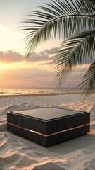 Luxury Black Marble Display Platform on Sandy Beach at Sunset with Palm Fronds.