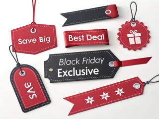 Red and black leather sale tags; Black Friday, best deal, save big;  exclusive offer; gift icon; festive holiday shopping promotion.