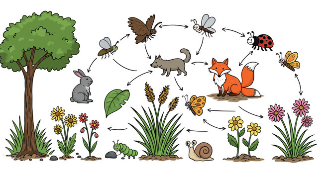 Food chain vector illustration featuring forest animals and plants in flat design for educational use