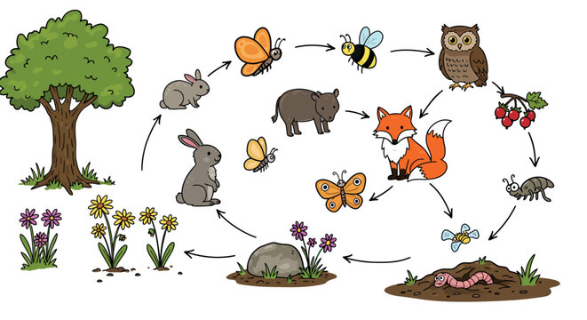 Ecosystem food chain vector illustration for educational biology posters