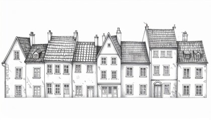 Naklejka premium Black And White Sketch Of Row Houses In A Historic Town