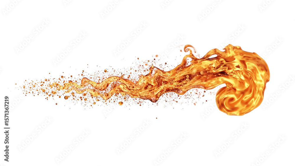 Poster dynamic amber liquid burst with droplets and splashes on transparent canvas