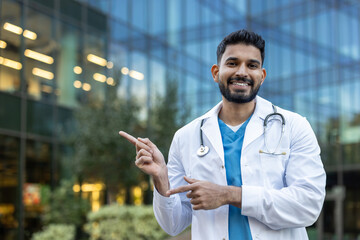 A smiling, Indian doctor points towards something with an urban background.