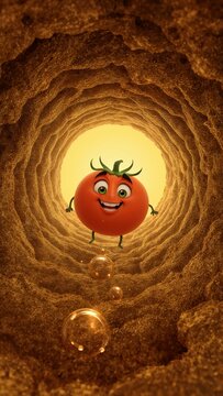 Naklejki A cartoon tomato character smiling in a textured tunnel with bubbles floating around it in bright light