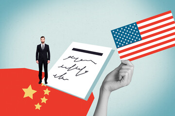 Template sketch composite artwork collage of young man stand china flag contract hand hold usa...
