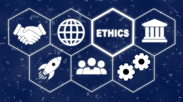 A Business Ethics concept. Hi tech motion graphic background, white flickering dots on black background. Business, Technology, Internet and network concept.